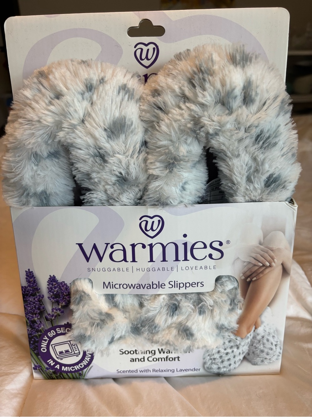 NEW: Warmies Microwavable Slippers - Gray & White Faux Fur. Fits women size 6-10